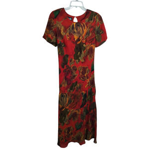 3552)Vtg  Gabrielle Red Artistic Floral Short Sleeve Sheath Maxi Dress Medium